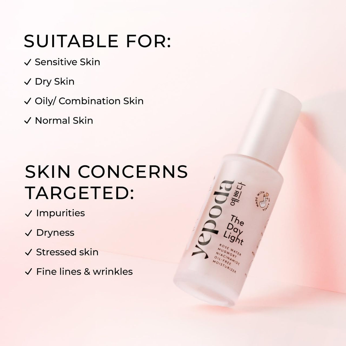Yepoda The Day Light, Oil-Free Purifying Day Moisturizer with Rose Water, Mugwort & Niacinamide, Hydrating Vegan Korean 