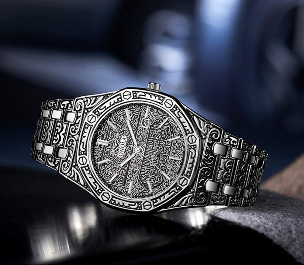 HUNRUY Retro Watches for Men Quartz Watches Tattoo Pattern Carved Stainless Steel Bracelet Waterproof Wrist Watch – back