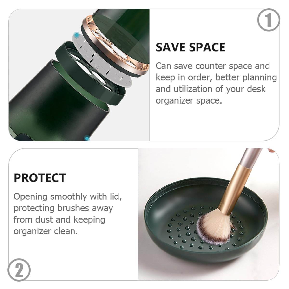 GOOHOCHY cosmetic makeup brush holder caddy with ventilated dustproof design, portable round storage cup for vanity and travel use