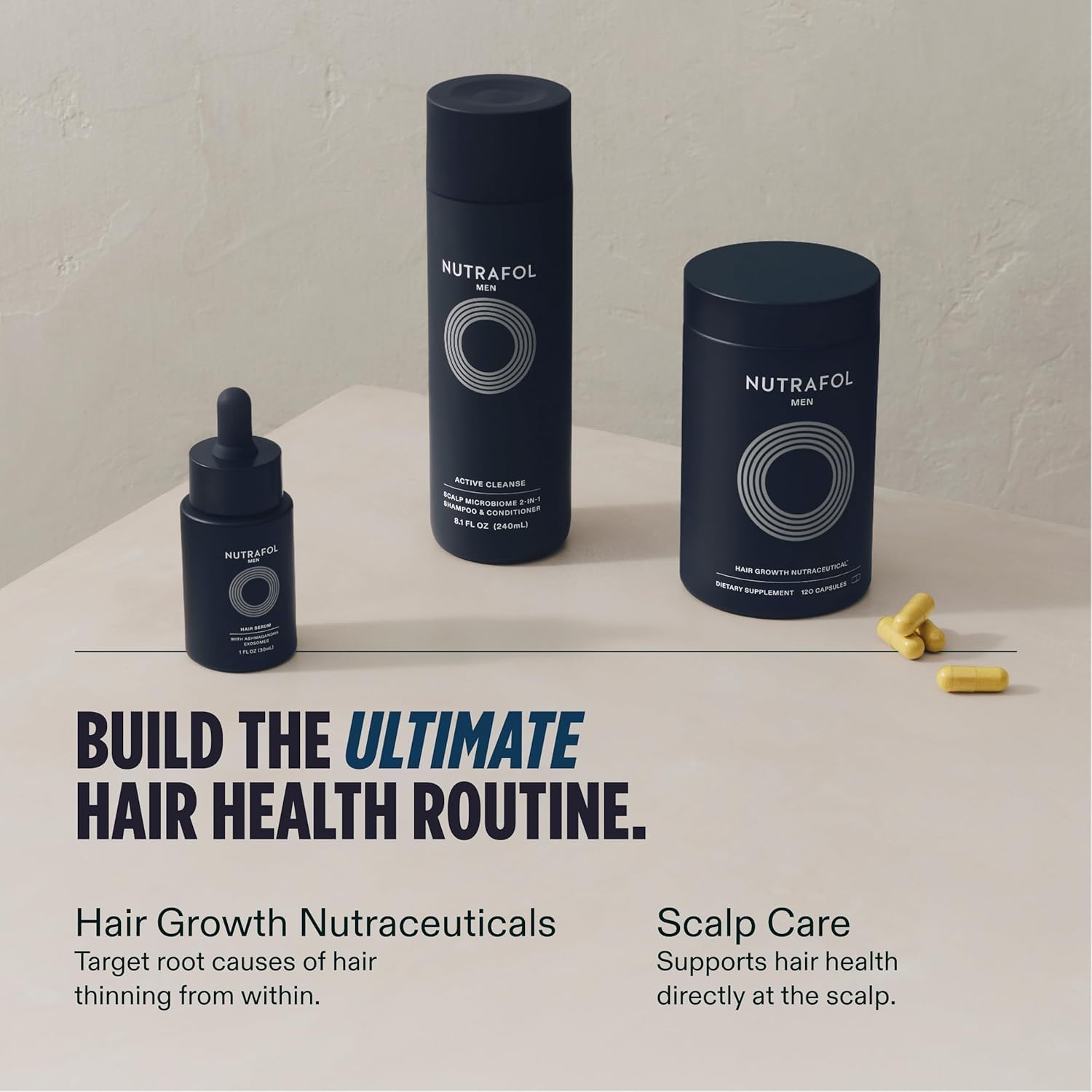 Nutrafol Men hair growth supplements in a 2-month bundle, featuring topical hair regrowth treatment for ages 18-49.