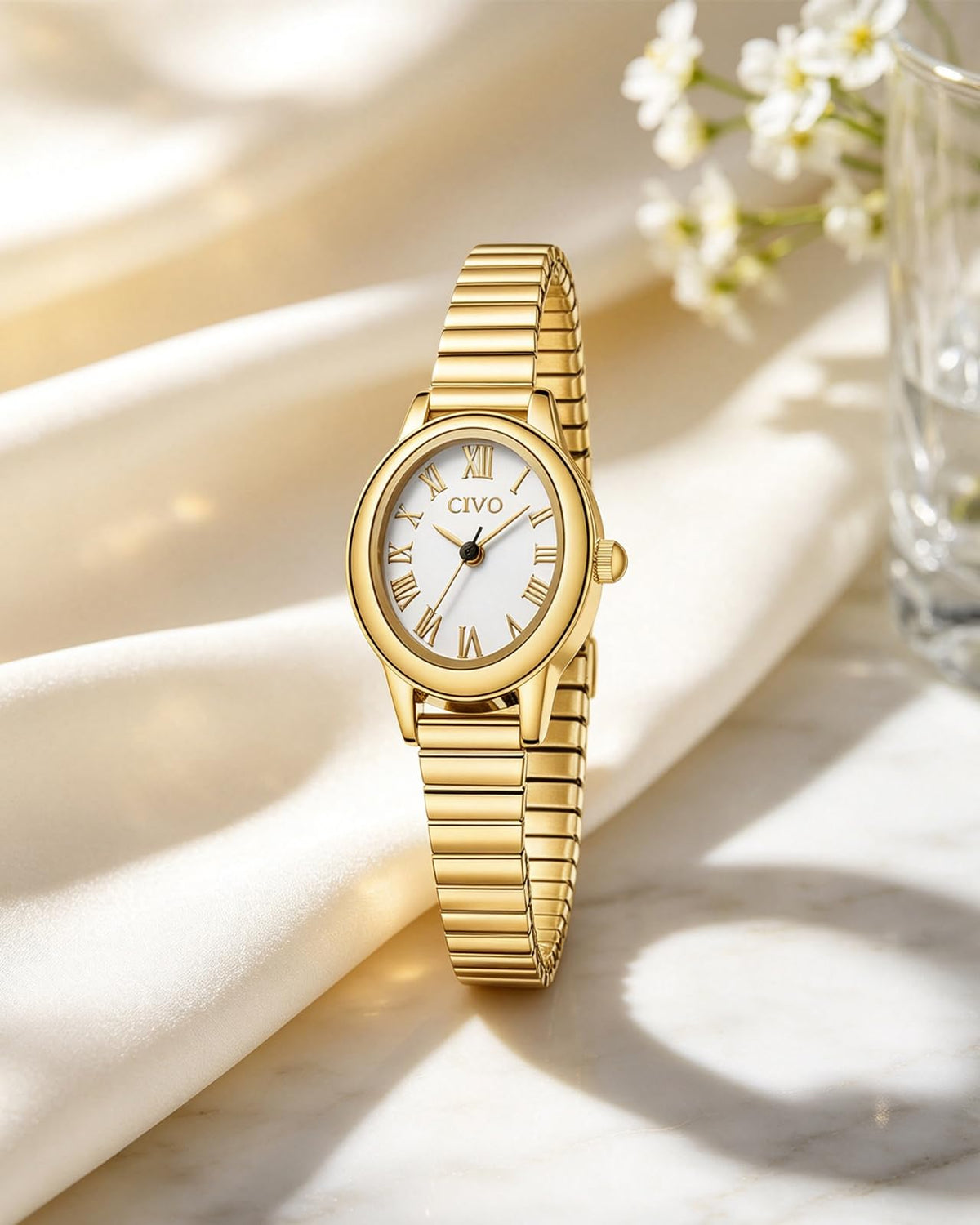 CIVO Small Gold Watches for Women: Vintage Roman, Stretch Expansion Band – packaging and label