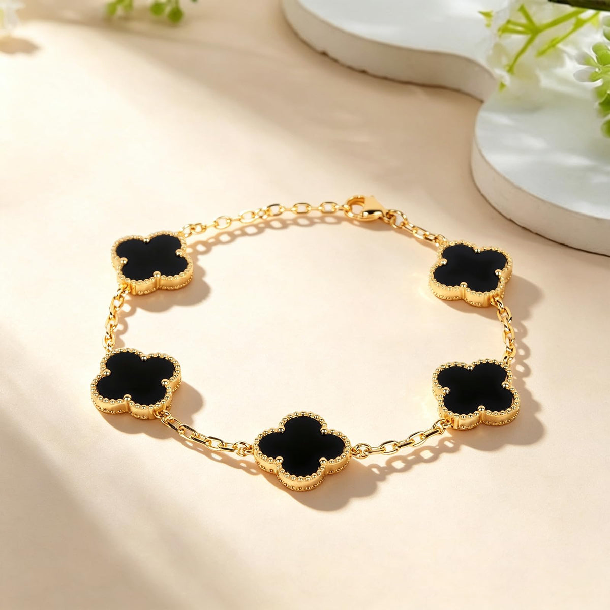 18K Gold Plated Clover Lucky Bracelet for Women White Black - Kruckel Official Imagery - 8