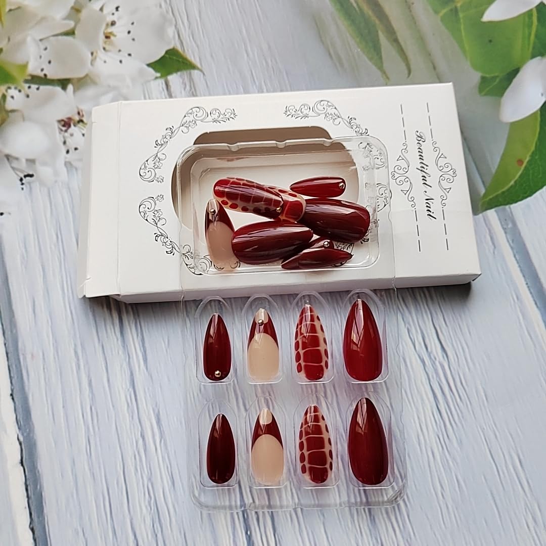 24Pcs Wine Red Press on Nails Medium Almond Fake Nails Press ons Nail Art Kit with Leopard Print Gold Beads Designs French Tips False Nails Full Cover Acrylic Stick on Nail for Women Manicure