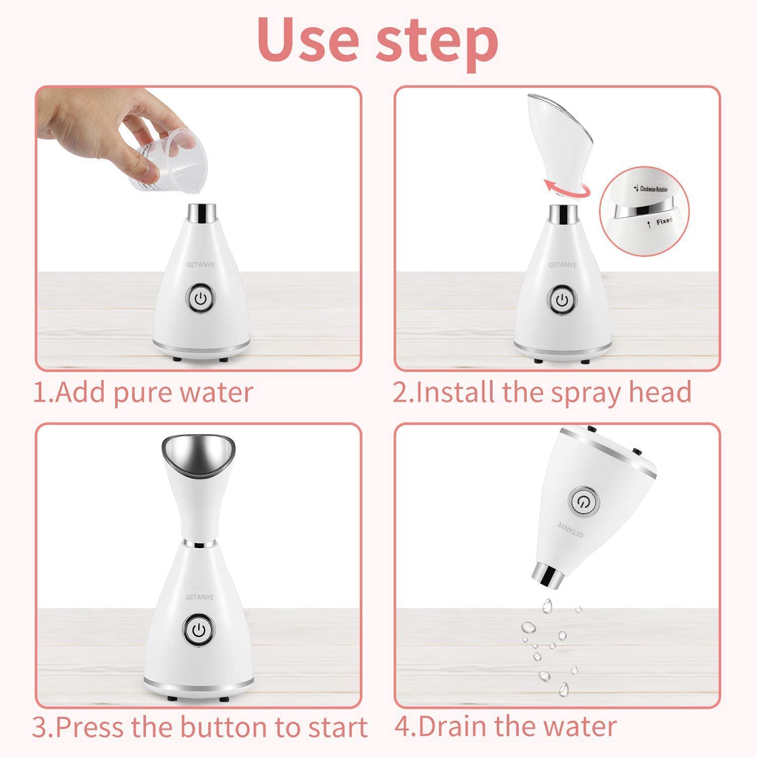 Surwit GETANYE Nano Ionic Face Steamer emitting warm vapor for facial pore unclogging and moisturizing, with blackhead remover kit and accessories.