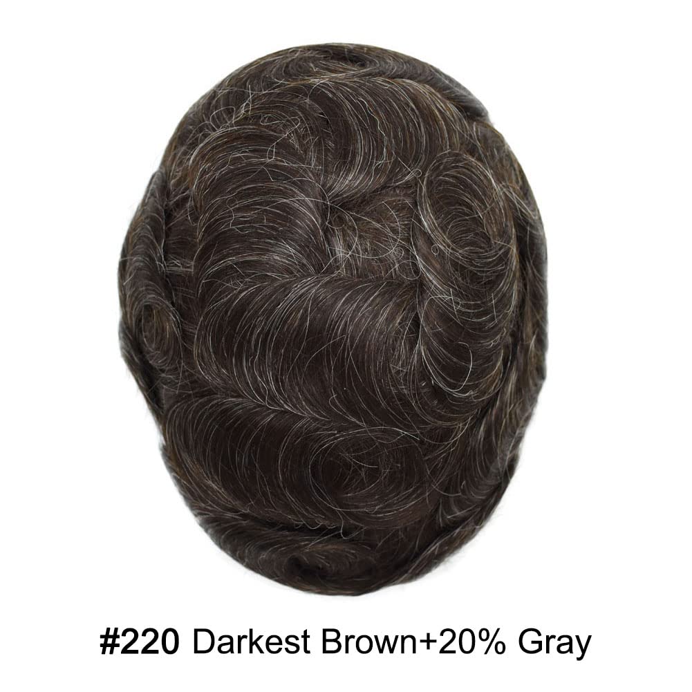 Curve Hair Mens Toupee Human Hair Piece Replacement System Monofilament Wig Hair Unit for Men Durable Poly Coated Mens Hairpiece (#220 Darkest Brown+20% Gray, 6"X8")