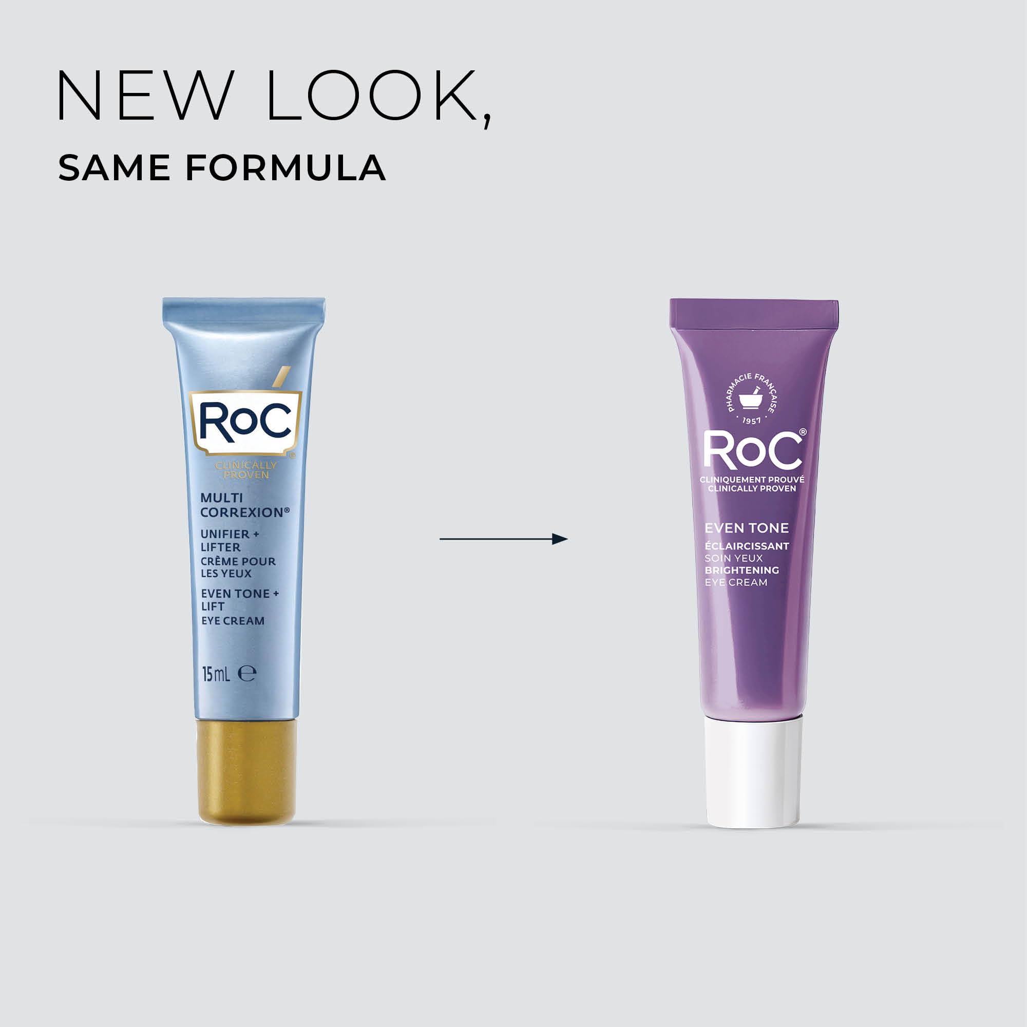 RoC Brightening 5-in-1 Eye Cream moisturizer with brightening and lifting effects, 0.5oz, showcasing the product jar and packaging.