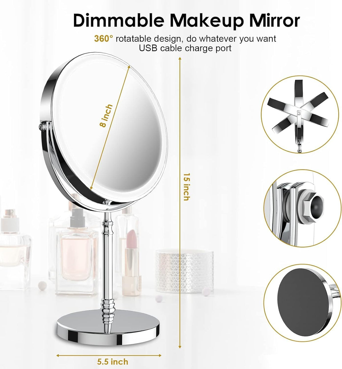 DEIOVWXS Makeup Mirror, Rechargeable Vanity Mirror with 3 Lights, 1X/10X – Chrome, Metal