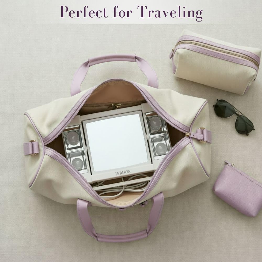 JERDON Lighted Makeup Mirror with 3X Magnification - White - J1010 – back view and specifications