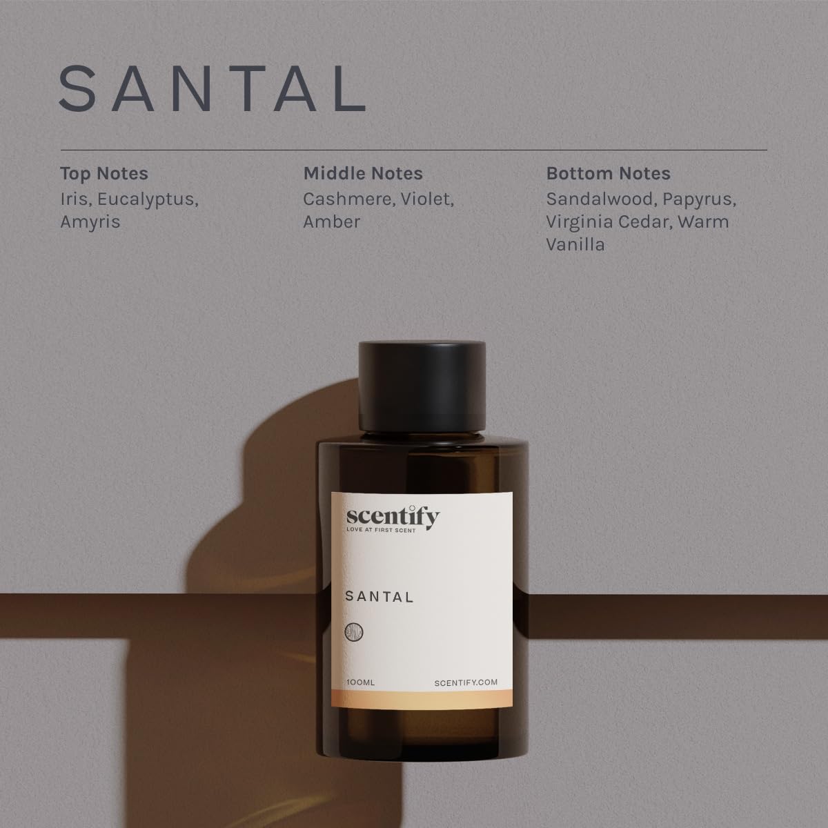 Scentify Santal Aroma Oil refill 100ml with iris sandalwood essential oil, featuring a clear bottle and natural scent.