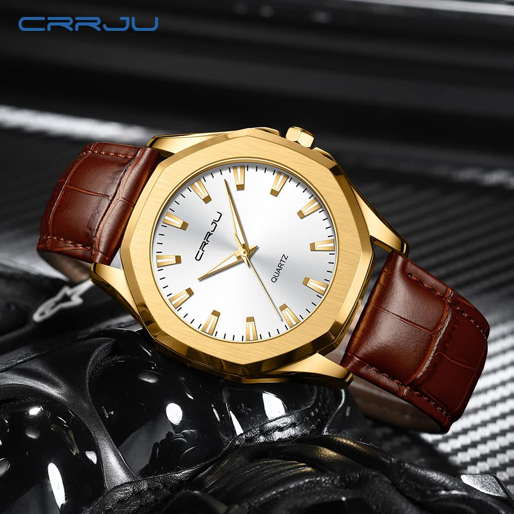 CRRJU Men's Fashion Luxury Classical Leather Watches for Men Business Simple Luminous Analog Quartz Wristwatches – full 