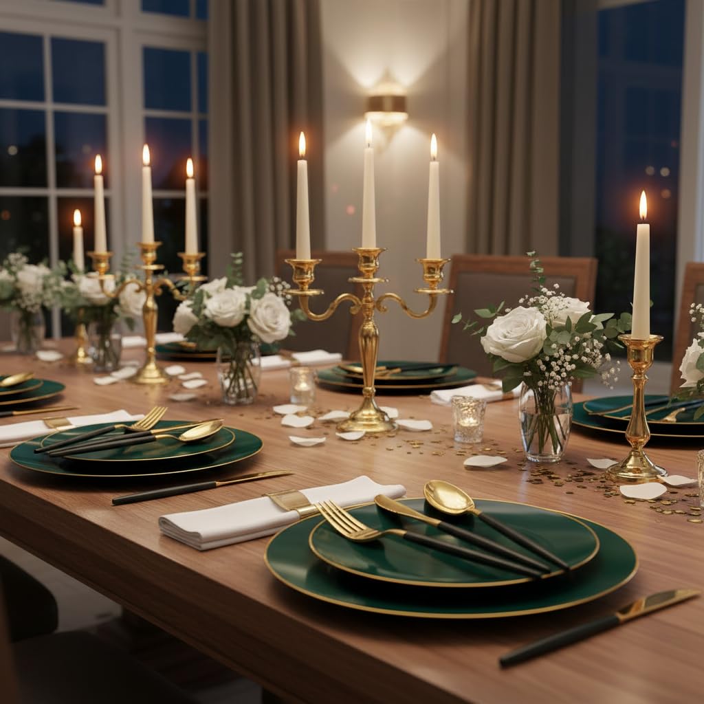 Liacere 150PCS Green Plastic Plates - Gold Plastic Silverware with Green Handle - Heavy Duty Fancy Plastic Plates Dispos