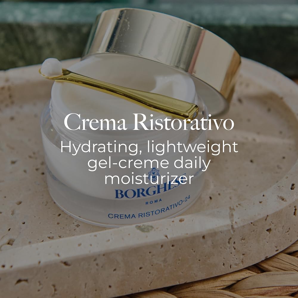 Borghese Crema Ristorativo-24 hydrating face moisturizer in a luxurious jar, smooth creamy texture for nourishing skin.