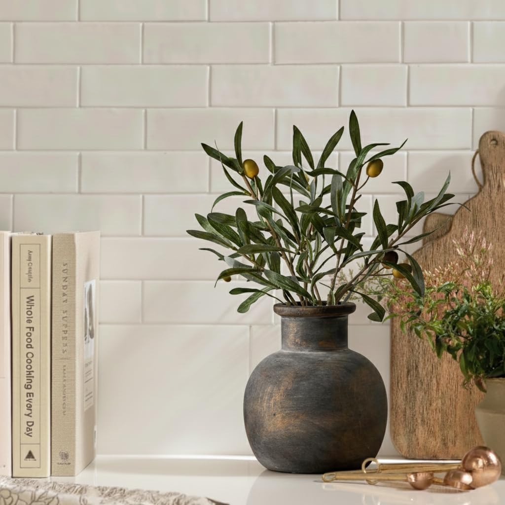 SIDUCAL Ceramic Rustic Farmhouse Vase | 6 Inch Pottery Decorative Flower | Boho | Terracotta Vase for Home Decor Table, 