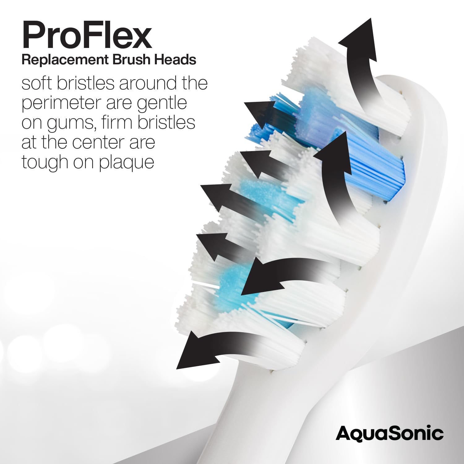 Eight AquaSonic genuine Proflex toothbrush replacement heads with white bristles, compatible with AquaSonic toothbrush handles.