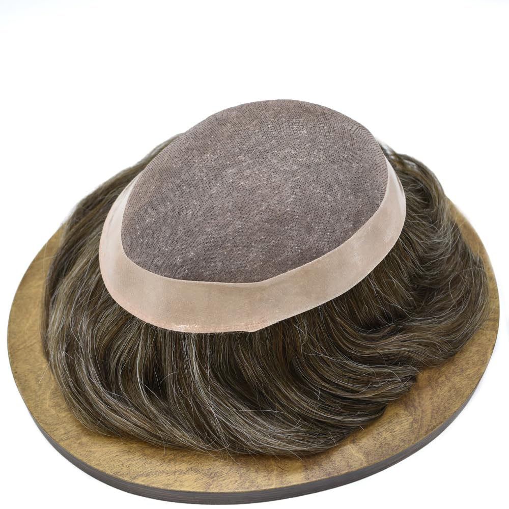Curve Hair Mens Toupee Human Hair Piece Replacement System Monofilament Wig Hair Unit for Men Durable Poly Coated Mens Hairpiece (#440 Medium Brown+40% Gray, 7"X9")