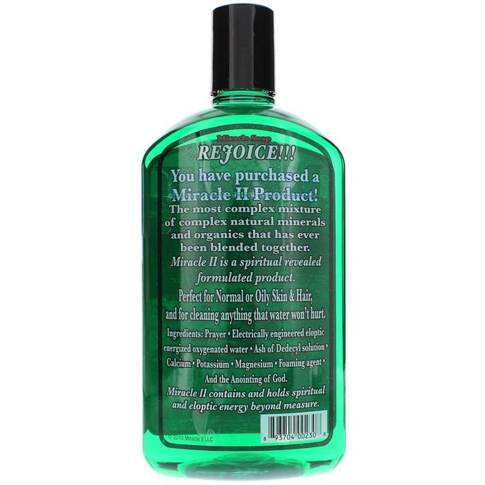 Miracle II Regular Soap 22 oz bottle, a skin cleaning agent with a clear liquid appearance and white cap, used for cleansing skin.