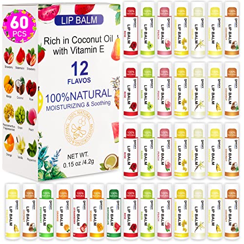 DMSKY 60 Pack Lip Balm Bulk, Natural, 12 Flavors – E-60 Count, Natural