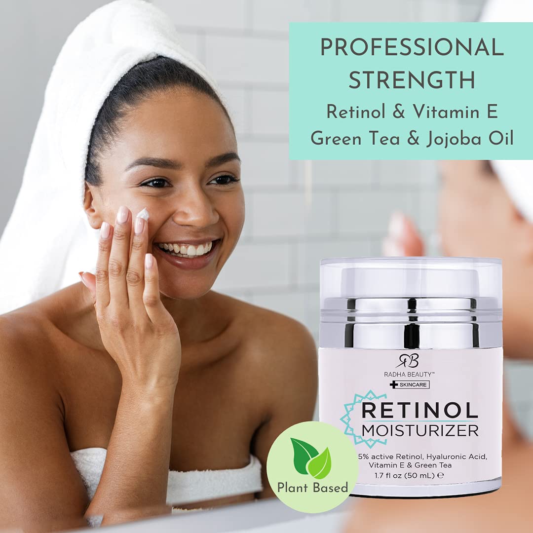 Radha Beauty moisturizing retinol cream for face with hyaluronic acid, vitamin E, and green tea in a 1.7 oz jar.