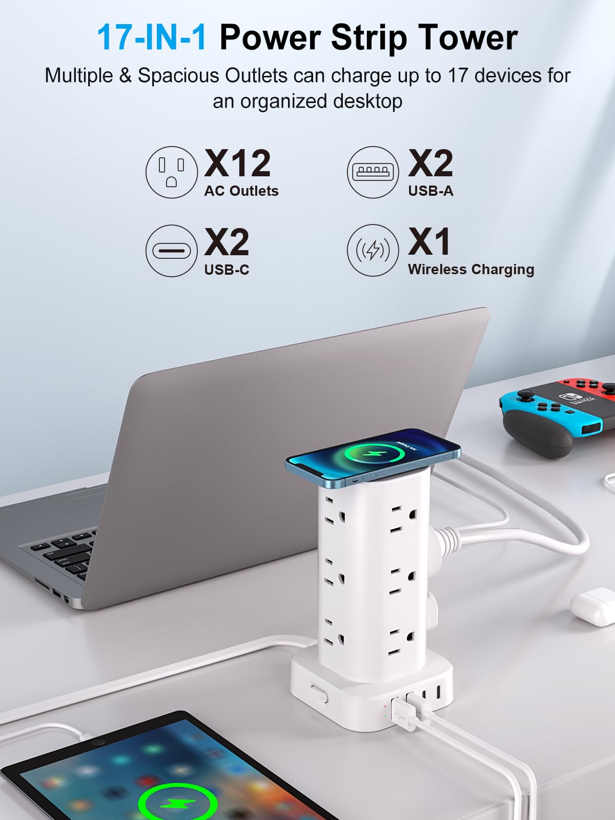 UWIWUTEI 6FT Power Strip Tower with Wireless Charger,Surge Protector with 12 Outlets