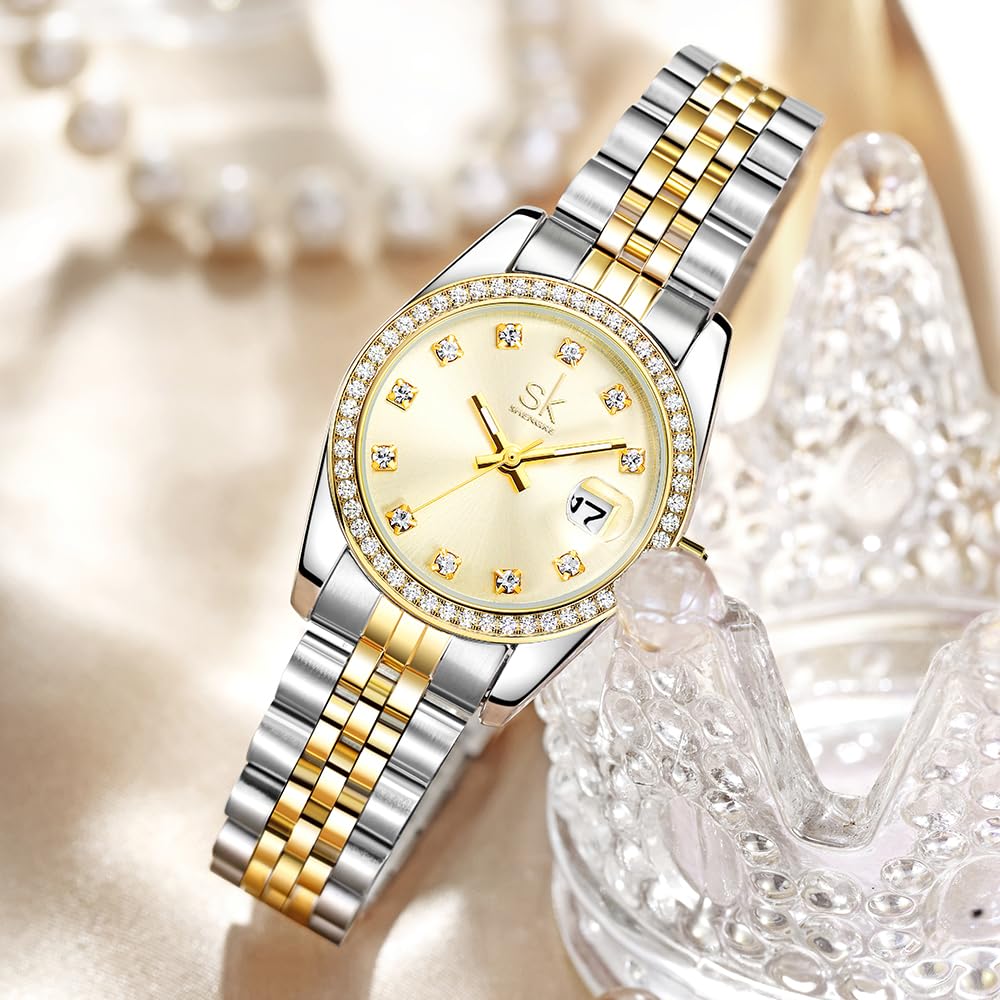SHENGKE Women’s Crystal Accented Calendar Watch – packaging and label