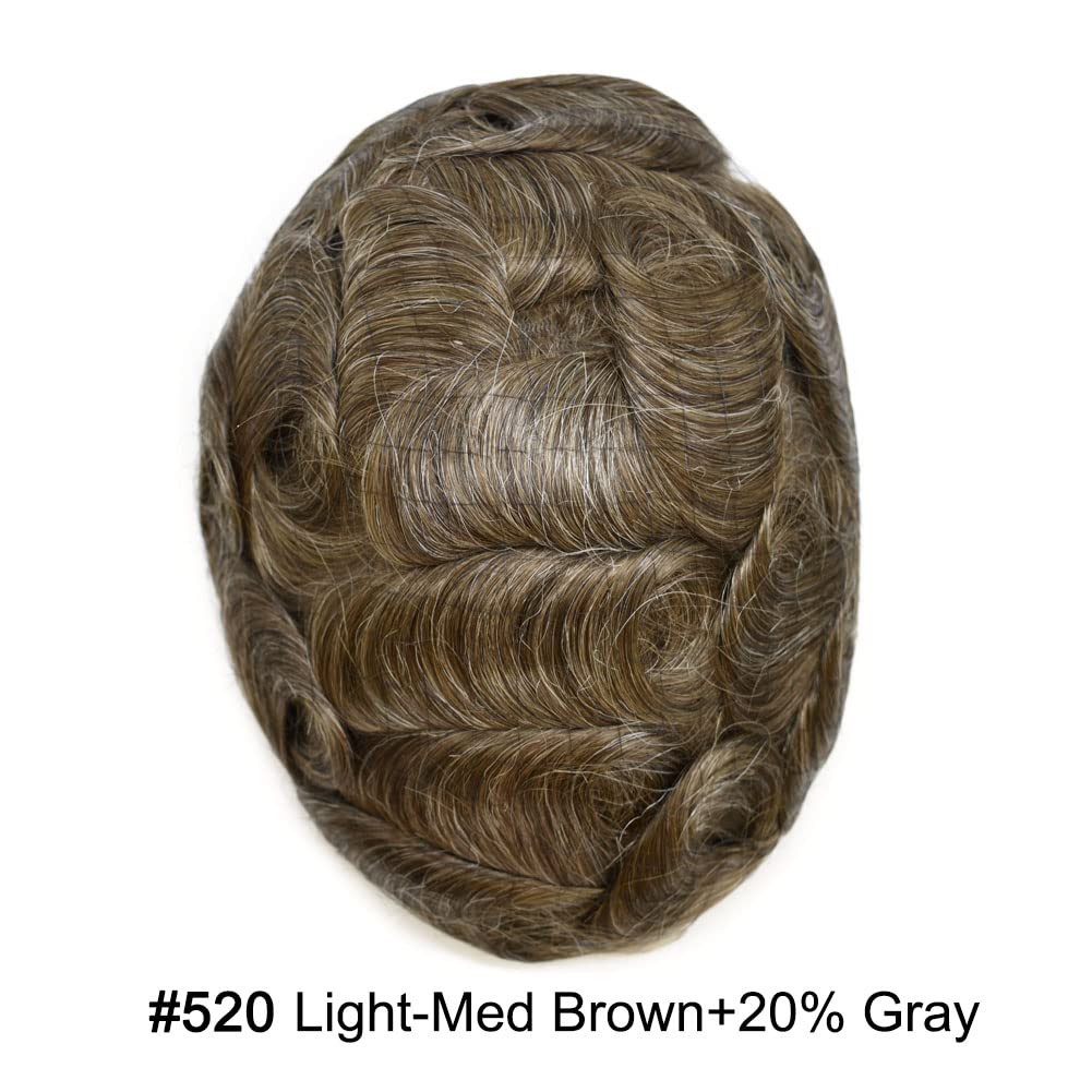 Curve Hair Mens Toupee Human Hair Piece Replacement System Monofilament Wig Hair Unit for Men Durable Poly Coated Mens Hairpiece (#520 Light-Med Brown+20% Gray, 6"X8")