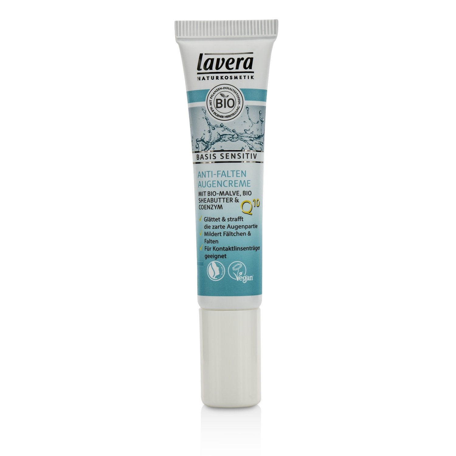 Lavera Basis Sensitiv Anti-Ageing Eye Cream in a 0.5 oz container, designed to moisturize and reduce signs of aging around the eyes.