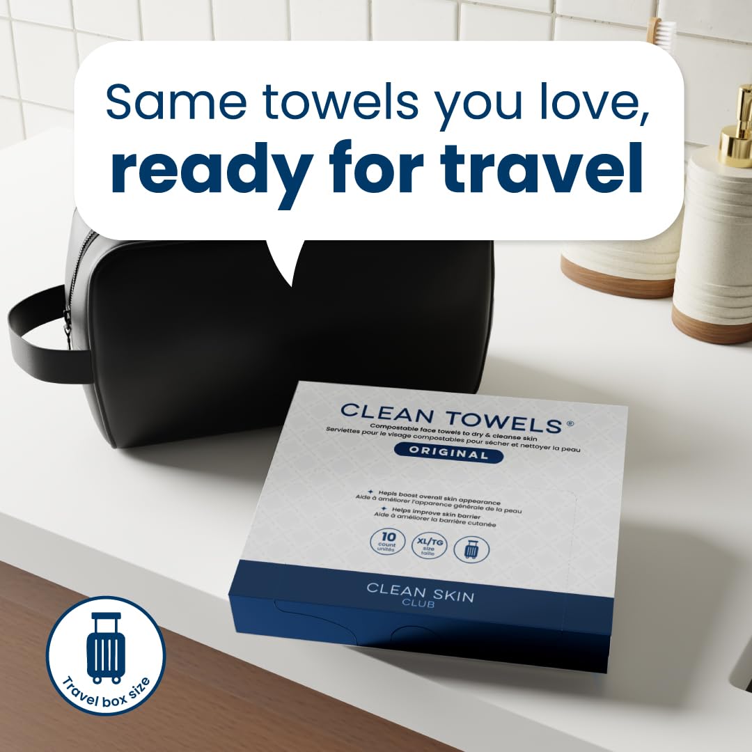 Clean Skin Club Clean Towels XL® Original 50 Ct + 10ct Travel Pack Duo, 100% USDA Biobased Disposable Face Towels, Eczem