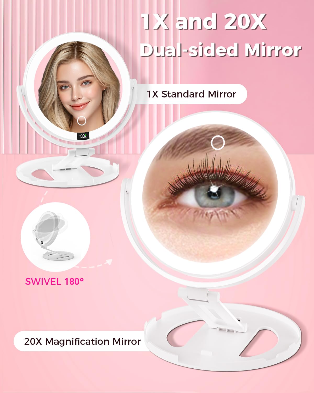 VEXOOX Foldable Travel Makeup Mirror with Light and Magnification, White – close-up detail in White-b