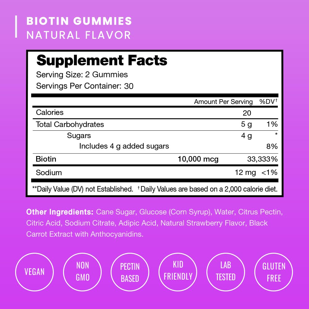 NutraChamps vegan biotin gummies for healthy hair, skin, and nails, featuring 10,000mcg high potency in a 2-pack.