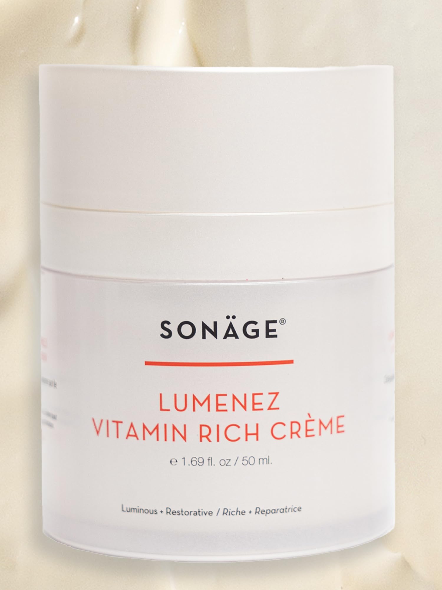 SONAGE Lumenez Vitamin C & E face moisturizer for dry skin, 50 ml, with a creamy texture and hydrating formula.