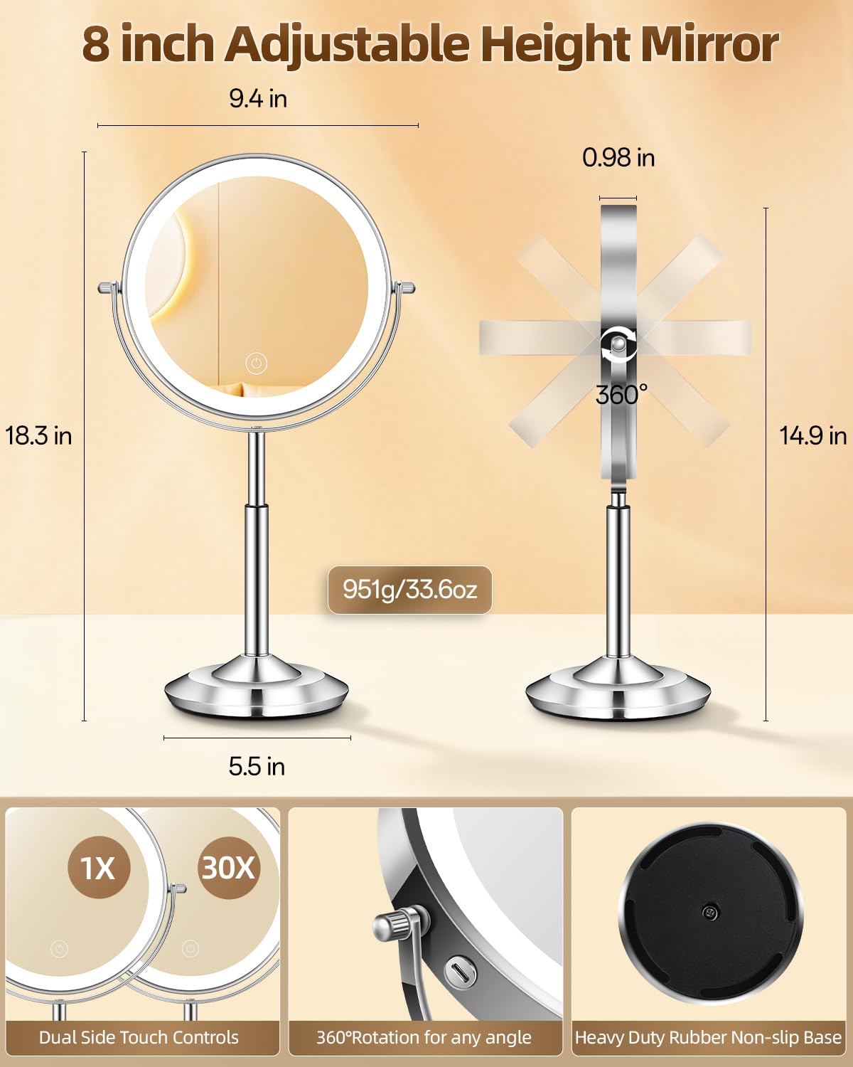 vpu 1X/30X 8" Magnifying Makeup Mirror with Lights Height Adjustable for Desk