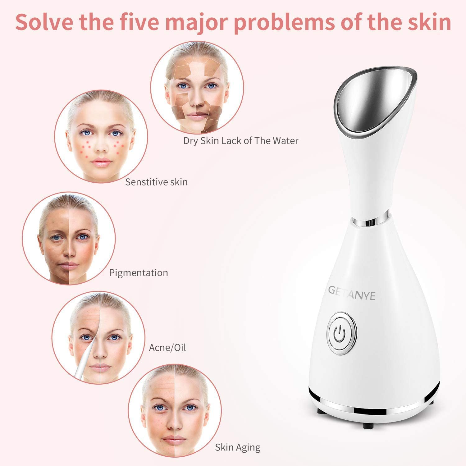 Surwit GETANYE Nano Ionic Face Steamer emitting steam, with blackhead remover kit, face brush, and hair band for facial skincare.