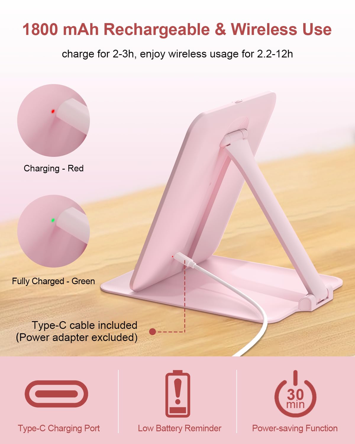 Gospire Travel Makeup Mirror with Lights and Magnification 10X, Pink – back view and specifications