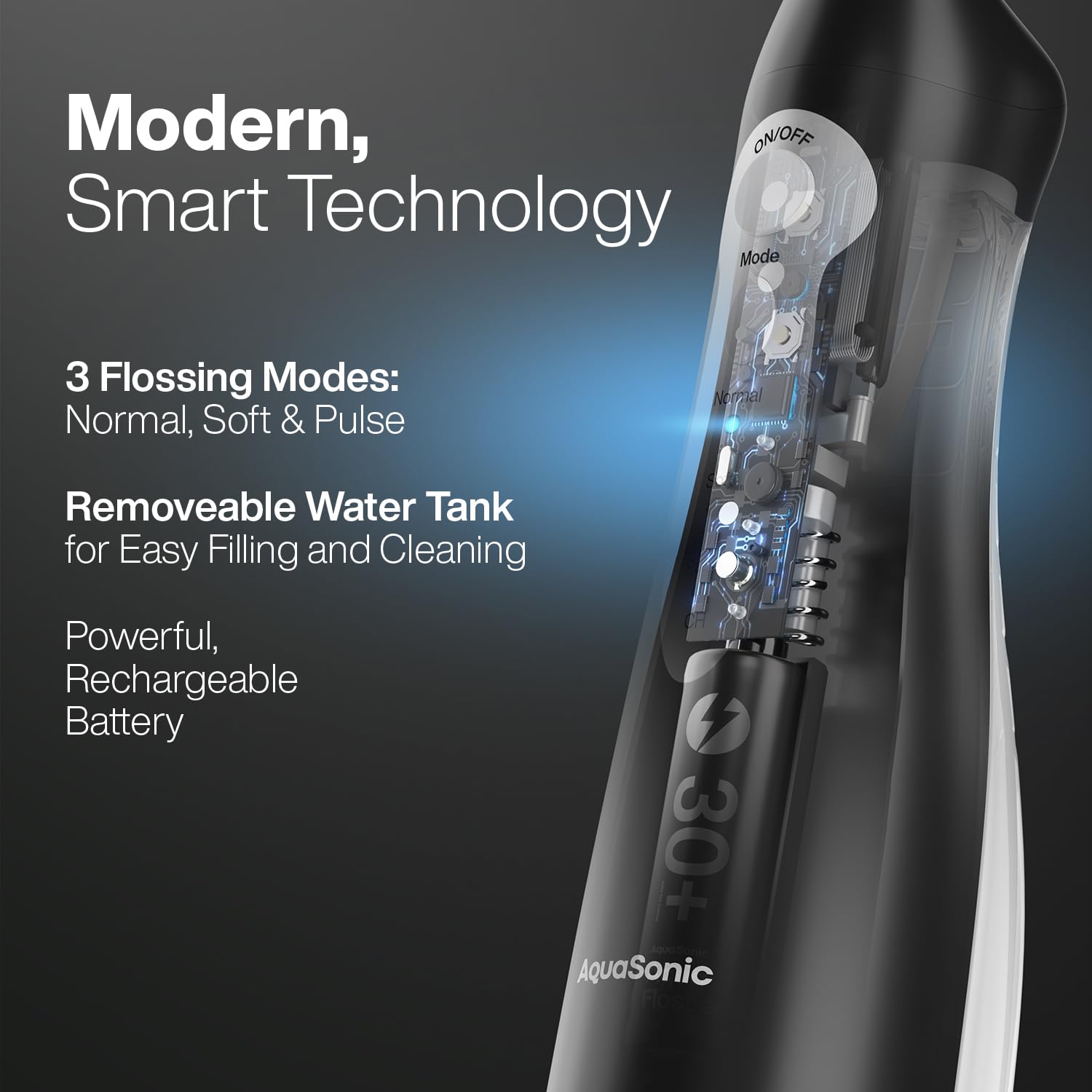 Aquasonic AquaSonic cordless water flosser with adjustable water pressure and ergonomic design for effective oral irrigation.