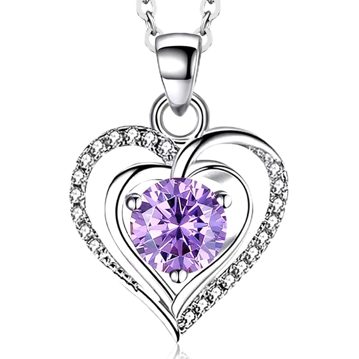 RIVIKO Heart Birthstone Pendant Necklace for Women 925 Sterling Silver Zirconia Necklaces Valentine's Day Anniversary Bi