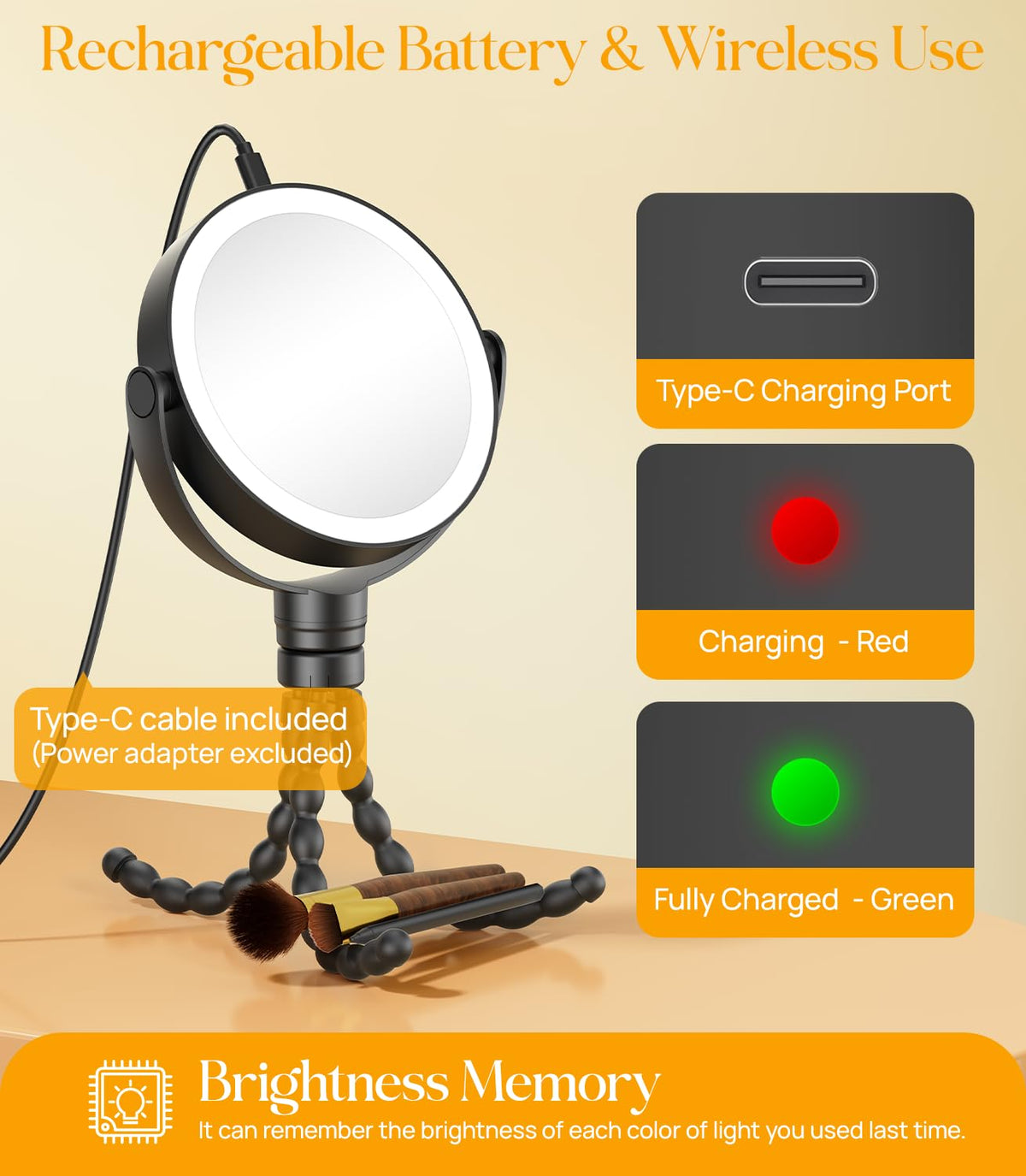Gospire 5.85” Tripod Travel Makeup Mirror with Light and Magnification – full view, size 5.85 inches