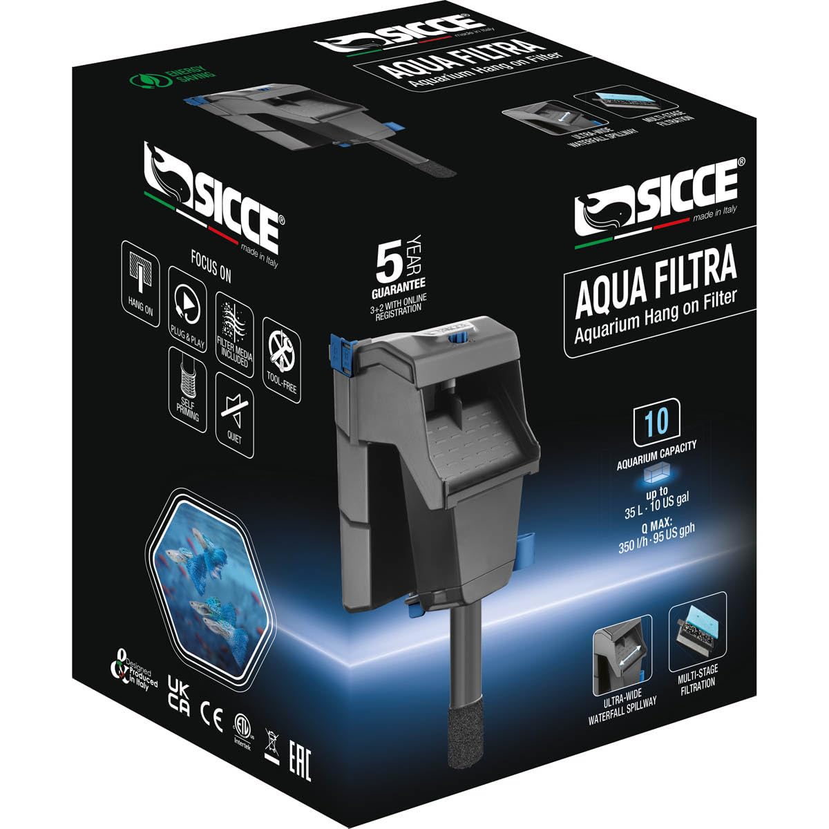 Sicce Aqua Filtra 10 Hang On Back Aquarium Fish Tank Power Filter Up to 10 Gallon Aquariums - Quiet 3-Stage HOB for Fres