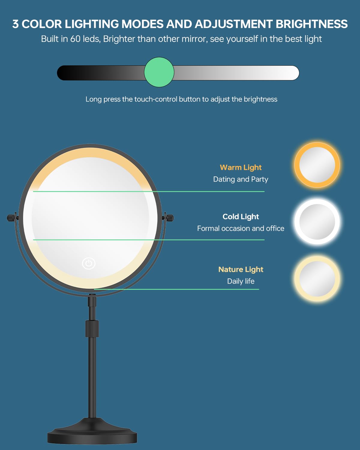 Erlingeryi 9" Tall Lighted Makeup Mirror with Lights and 1X 10X Magnification, Black – full view