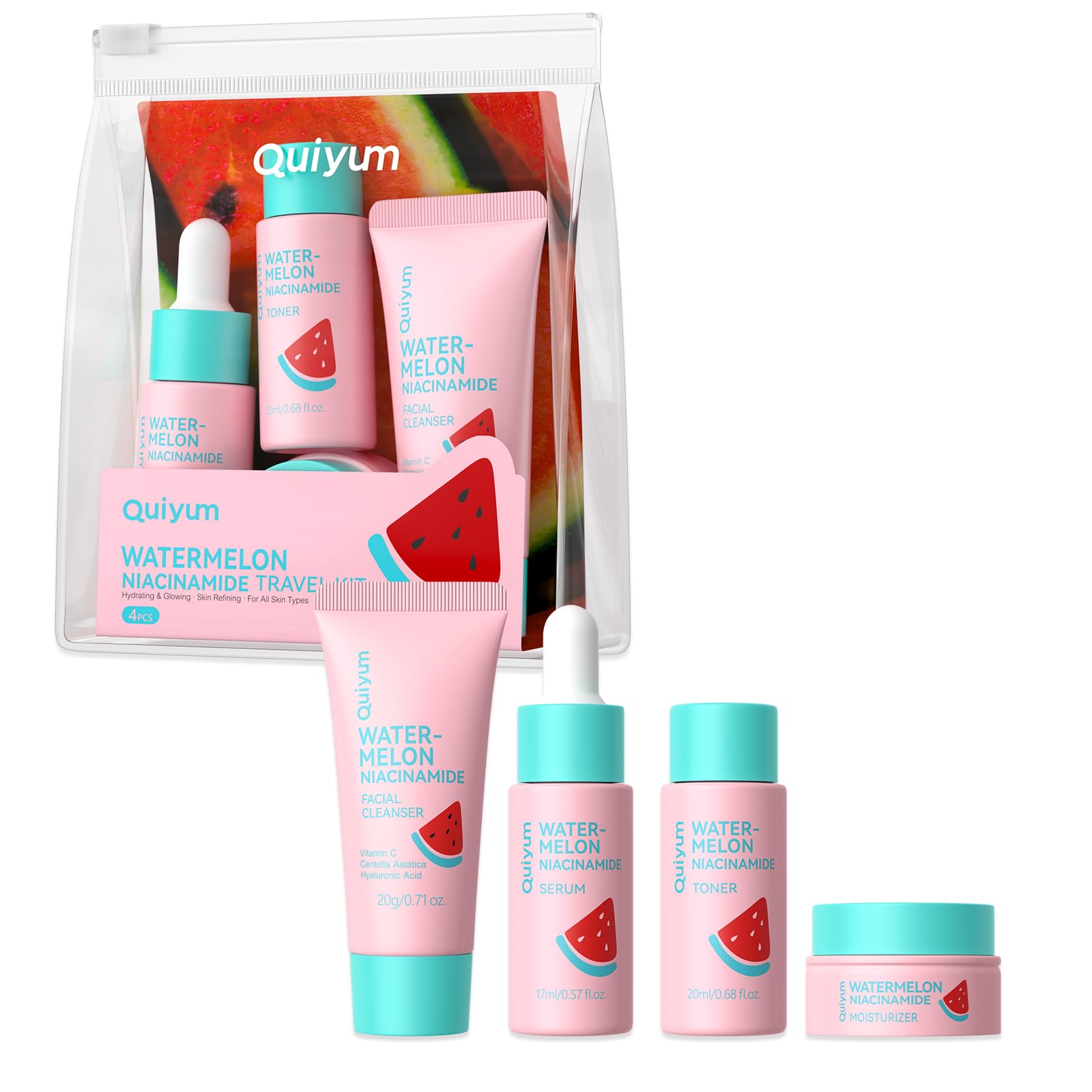 QUIYUM Watermelon Niacinamide Travel Kit – 4 Pcs Skincare Set - Product Imagery