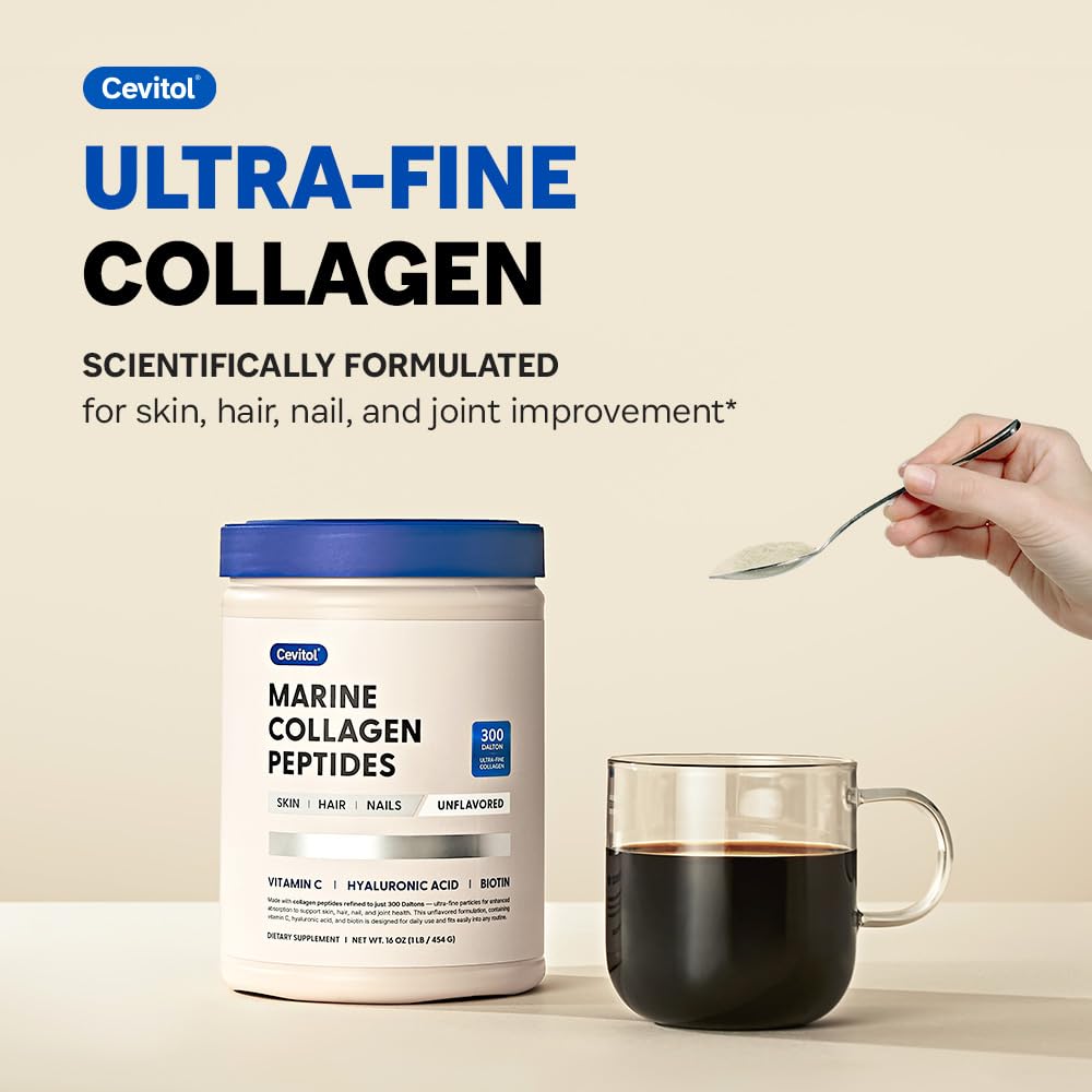Cevitol Marine Collagen Peptides - Hydrolyzed Ultra-fine Collagen Powder for Women & Men, Hyaluronic Acid, Biotin, Vitam