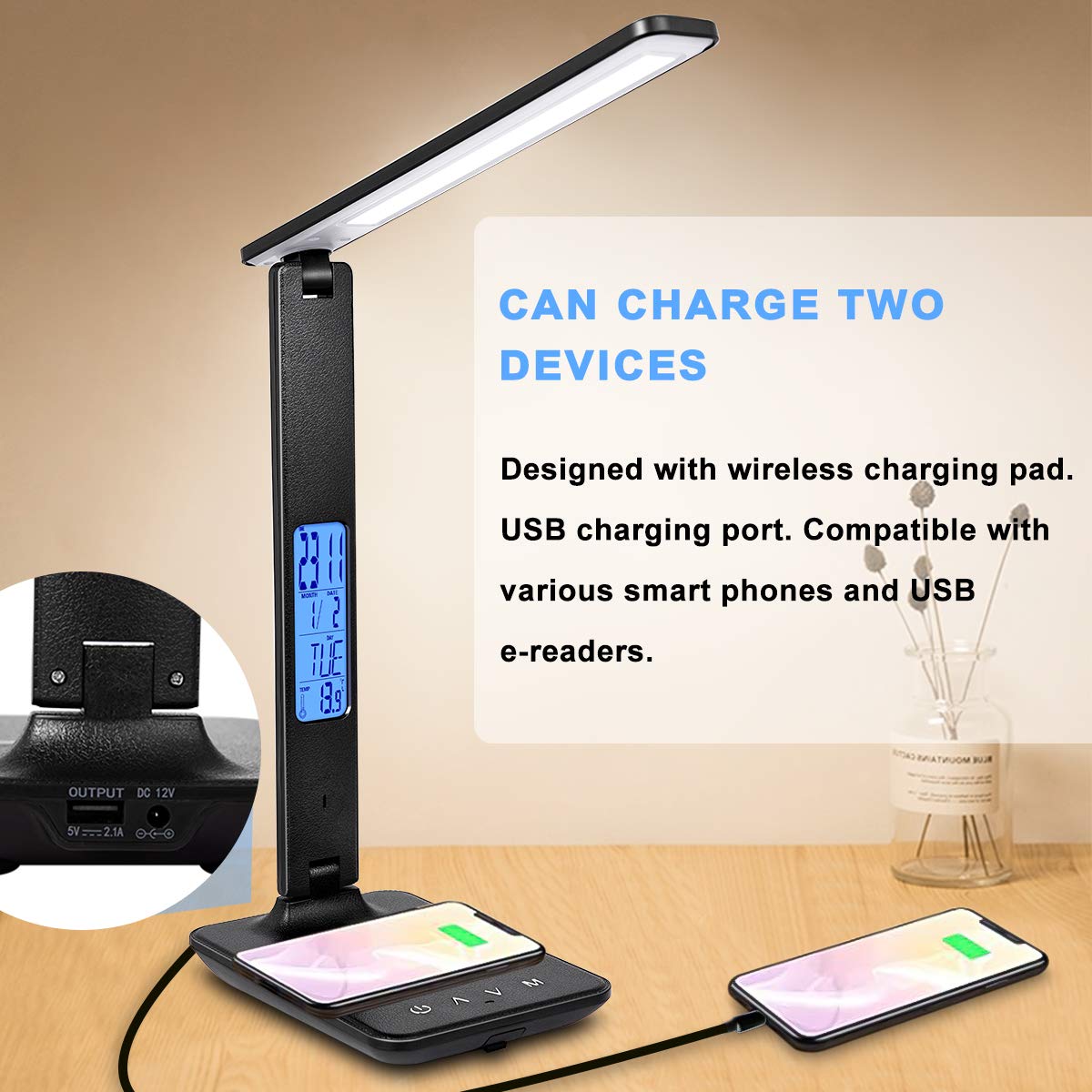 XIZDDL LED Desk Lamp with Wireless Charger, Suitable for Home, Office Dimmable, with USB Charging Port, Built-in Clock, 