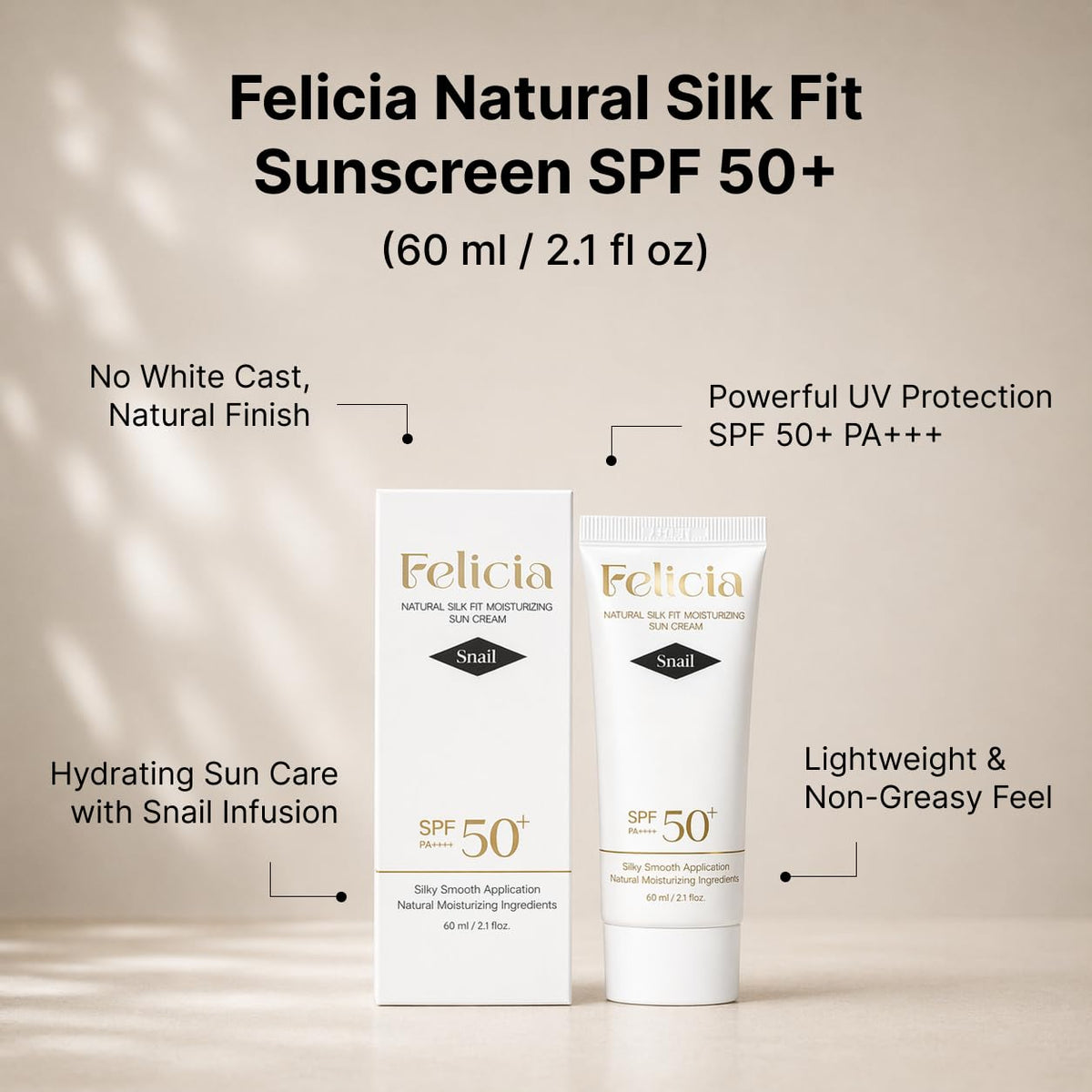 Korean Snail Mucin Sunscreen - SPF 50+ PA++++ Korean Glass Skin Sun Cream with Snail Mucin & Ceramide, Moisturizing & Li