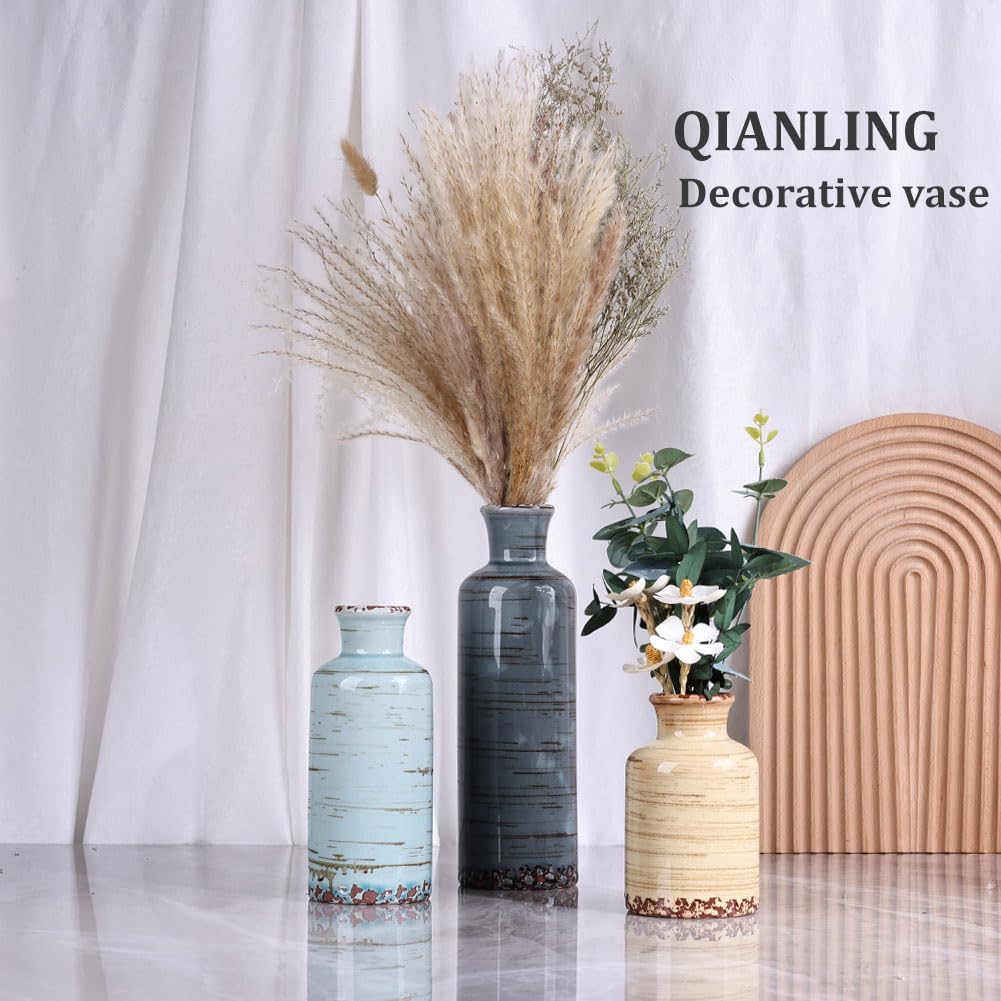 QIANLING Ceramic Vase Set - 3 Small Flower Vases Home Decor, Modern Rustic Farmhouse Pottery Vases for Centerpieces, Liv