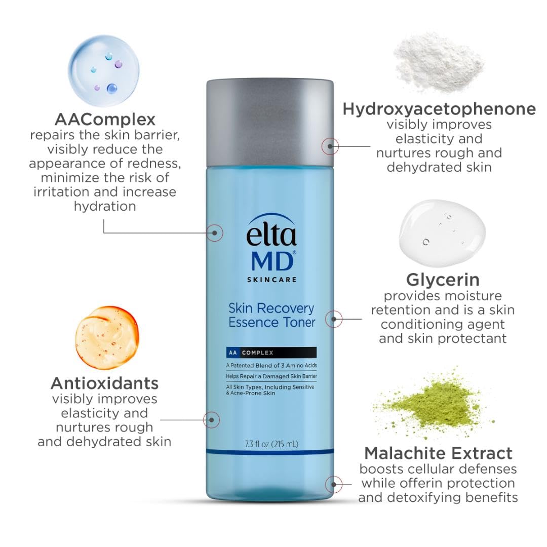 EltaMD Skin Recovery Essence hydrating face toner in a 7.3 oz bottle, alcohol-free astringent for soothing skincare.