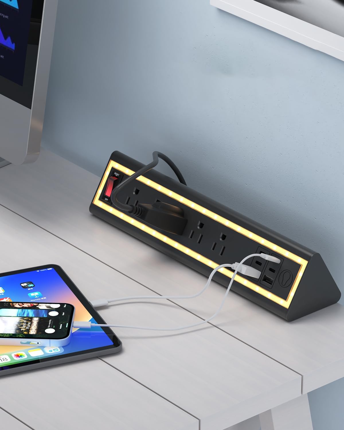 NYYTGE Desk Clamp Power Strip with Nightlight, 40W Fast Charging, 6FT Extension Cord, 4x20W USB-C & 2 USB Ports, 5 AC Ou