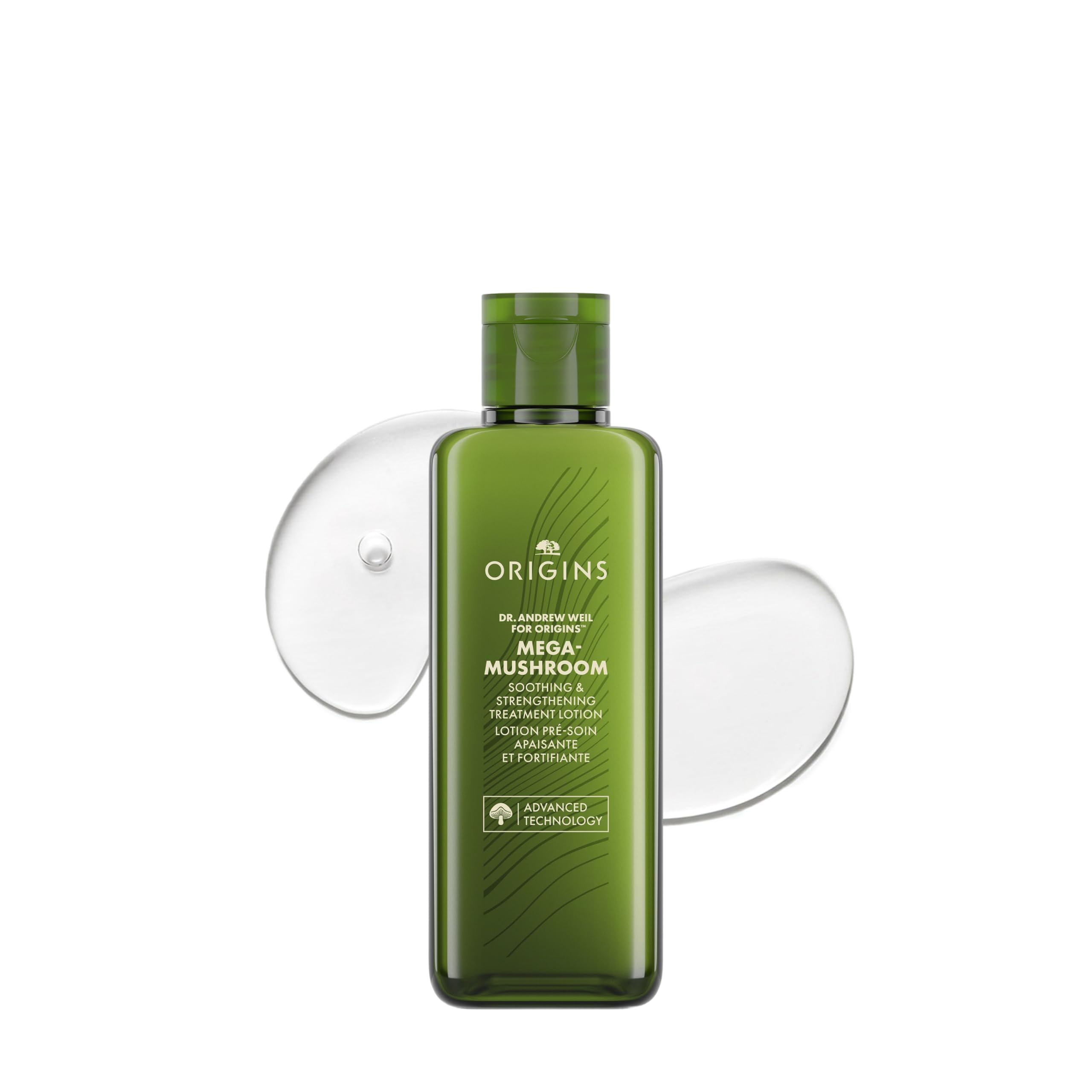Origins Mega-Mushroom Relief & Resilience soothing treatment lotion in a 6.7 oz bottle, designed to hydrate and calm the skin.