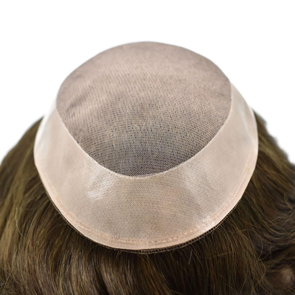 Curve Hair men's toupee wig with monofilament base in medium brown, 7x9 inches, durable human hair replacement system.