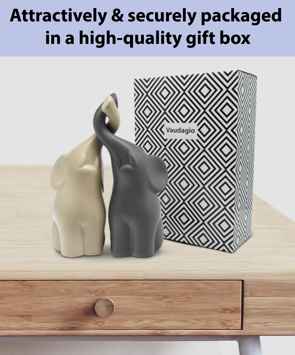 Vaudagio Loving Elephants Couple [6.3" high, Set of 2] Elephant Home Décor – Gray, Ceramic