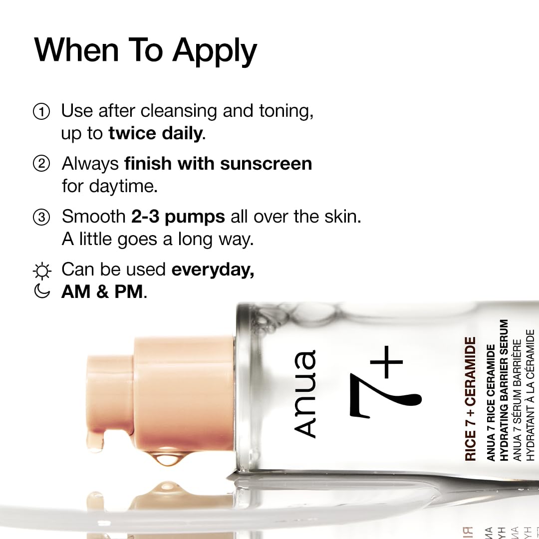 ANUA Rice Ceramide 7 Hydrating Barrier Serum in 1.69 fl oz bottle, showing the sleek packaging and serum inside.