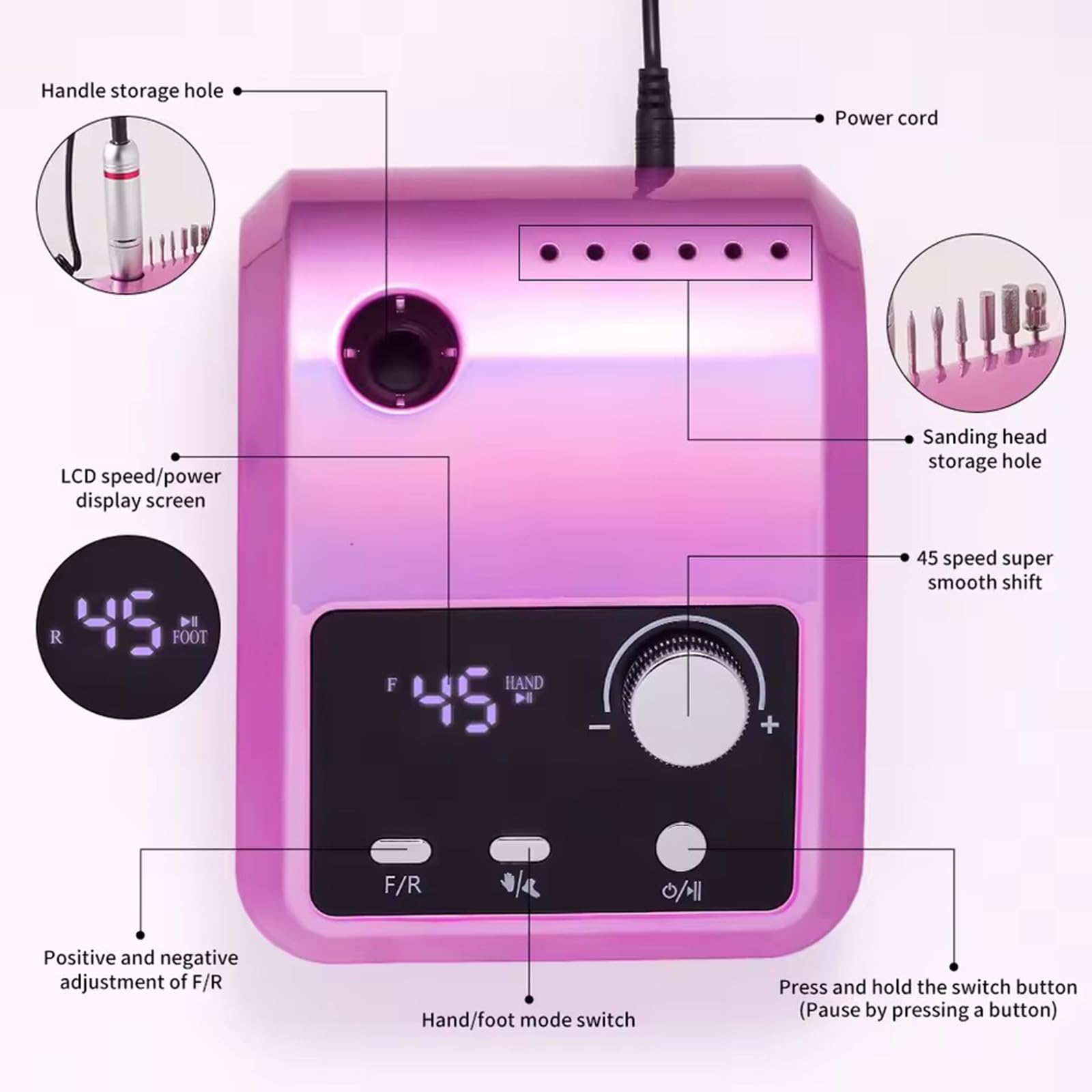 Generic multifunctional desktop nail drill with foot pedal, 45000RPM E-file with bit for professional nail care.